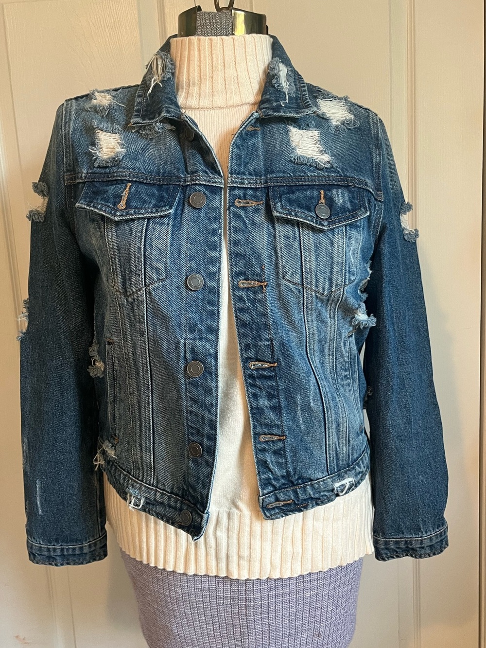 Women’s Distressed Dark Blue Denim Jacket - Casual Button-Front